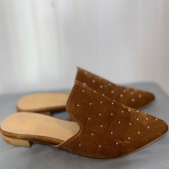 Mi.iM Brown Studded Leather Mules Slides Sz 7 Pointed Toe Flat Loafers Boho - Picture 8 of 8